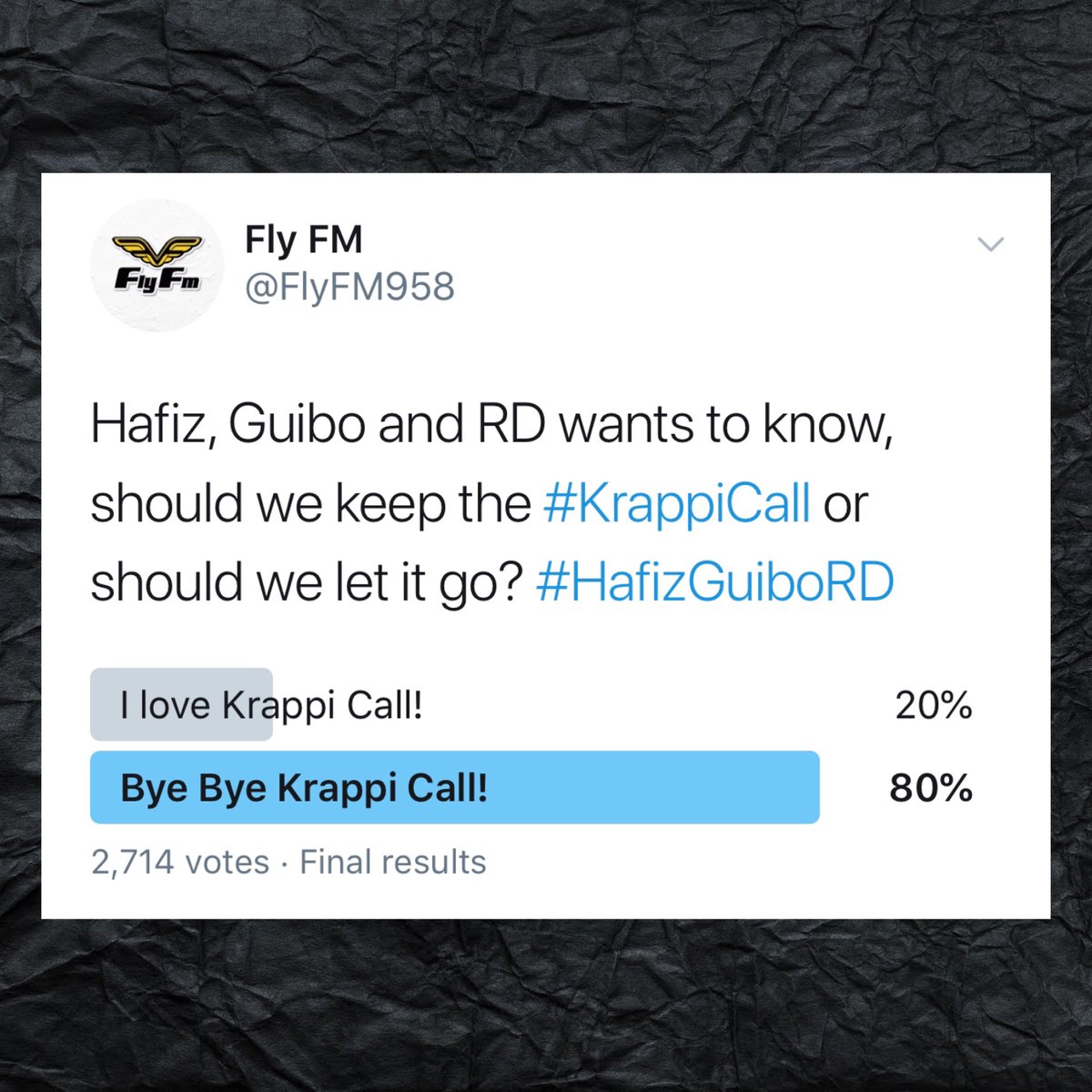 FlyFM958's tweet photo. Votes are in, we hear you!
It's time to say goodbye to the #KrappiCall ✨
#ByeByeKrappi #HafizGuiboRD https://t.co/JKcyspt3en