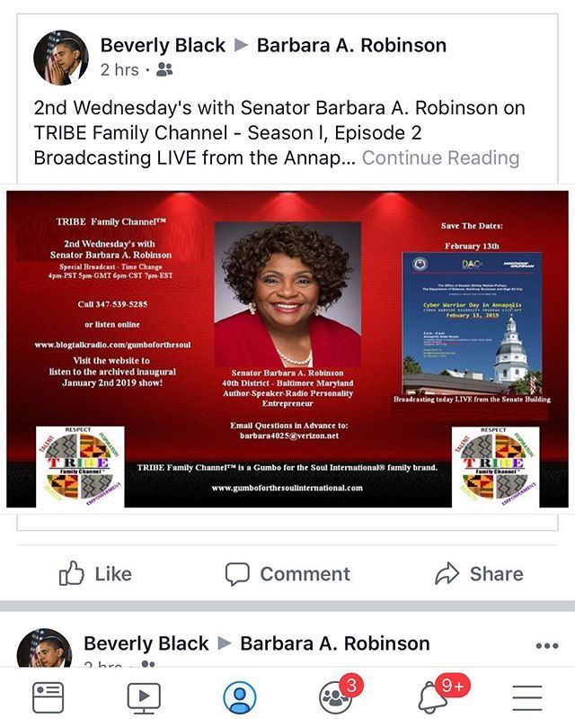 2nd Wednesday's with Senator Barbara A. Robinson on TRIBE Family Channel - Season l, Episode 2
Broadcasting LIVE from the Annapolis Senate Building.

Tune in as Senator Robinson discusses "Cyber Warrior Day." SPECIAL TIME CHANGE/EXTENDED BROADCAST

Febru… bit.ly/2GD3iWY