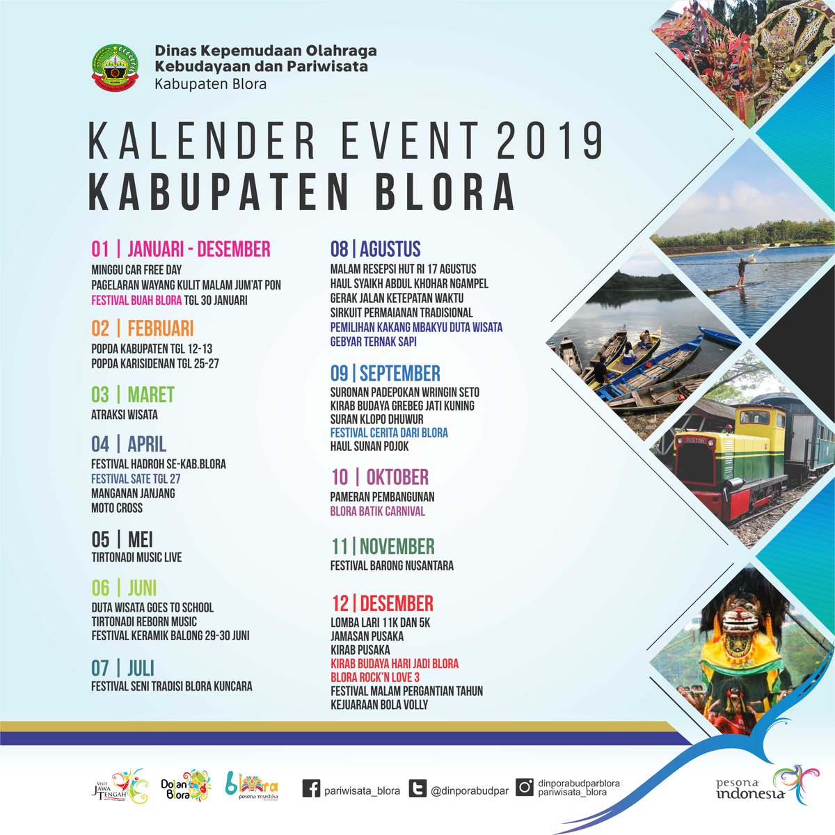 Kalender Event 2019 Kabupaten Blora
#wisatablora
#dolanblora
#genpiblora
#pariwisatablora
#PesonaIndonesia