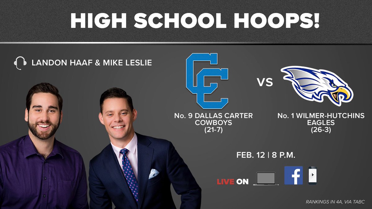 wfaa's tweet photo. TONIGHT -- #1 Wilmer-Hutchins goes for a perfect season in District 12-4A, as they host #9 @Carter__Hoops at Davis Field House.

Catch the whole game live, on the @WFAA Facebook page, at 8 o'clock.

@tj_billups @WHHighSchool @HutchLIB @DWCarterHS @DallasISDMedia #txhshoops https://t.co/ybpc6qNm8i