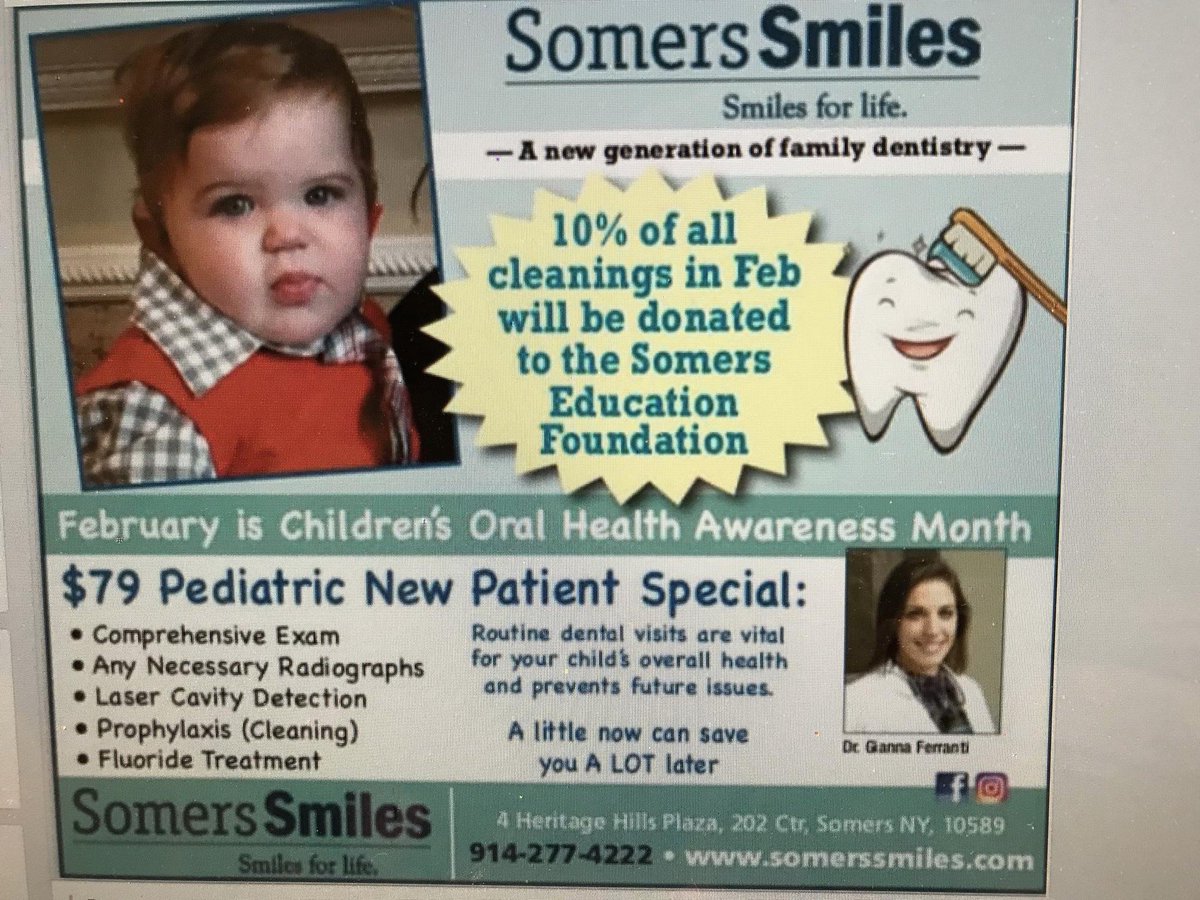 Somers Smiles supports the Somers Education Foundation (SEF).   Somers Smiles will be donating 10% of all cleanings done during the month of February. If you're due for a cleaning, schedule your appointment today to help them reach their goal in donating $1,500 to SEF.