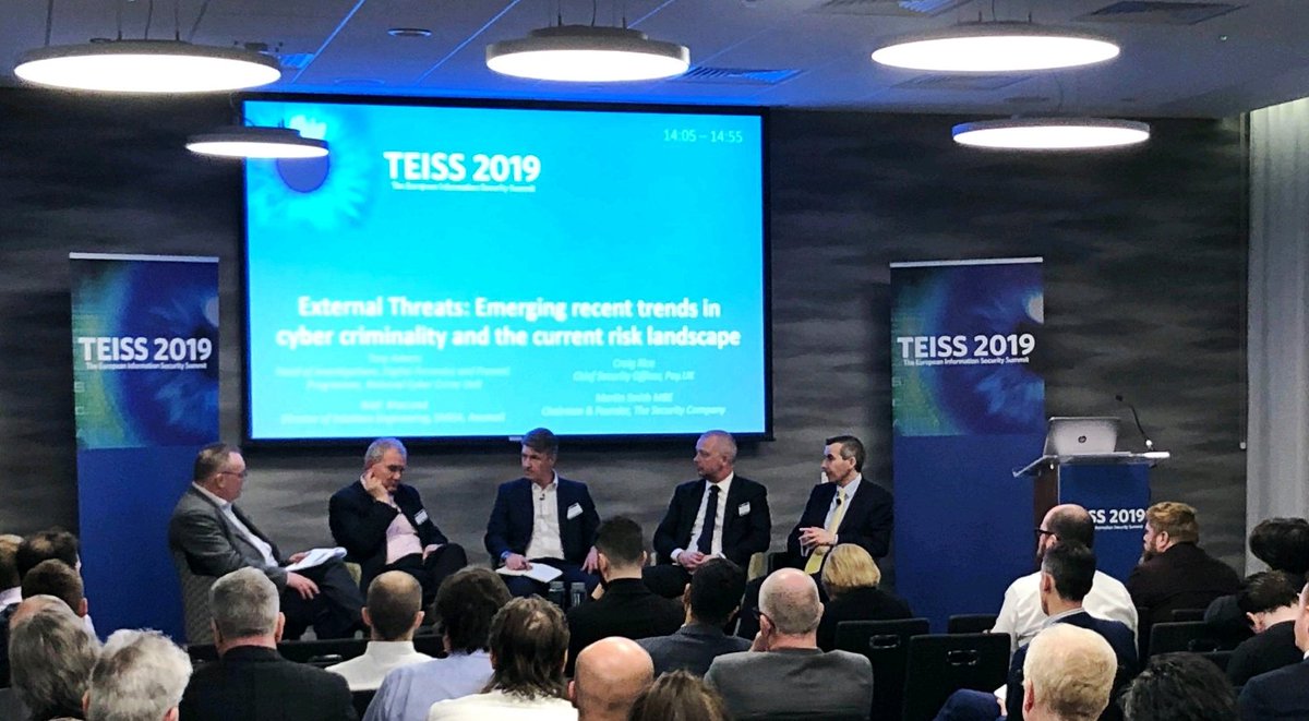 arch_practice's tweet photo. TEISS 2019 - External Threats: Emerging recent trends in cyber criminality and the current risk landscape. Tony Adams, Craig Rice, Martin Smith and Niall MacLeod #cyber #TEISS19 https://t.co/9vHADBktpY