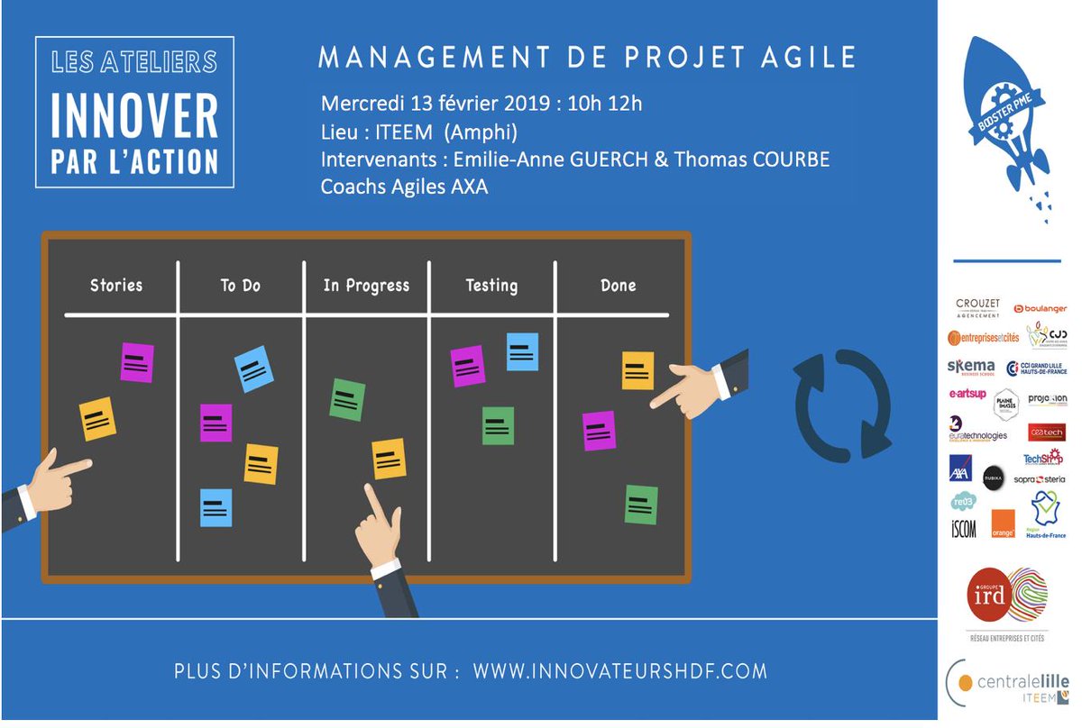 Today Atelier Méthodes Agiles pour les Innovateurs HDF <a href="/Centralelille/">Centrale Lille</a> #ITEEM avec <a href="/AXA/">AXA</a> animé par <a href="/EaGuerch/">Emilie-Anne Guerch</a> dans les locaux de l'ITEEM
Comprendre les origines, la philosophie et les principes de fonctionnement des méthodes agiles et zoom sur la méthode Scrum. Chouette programme !