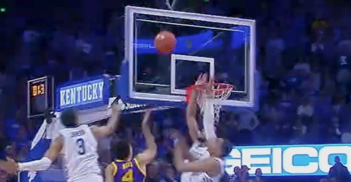 Everyone is talking about the tip-in, but this was a pretty clear goaltend by E.J. Montgomery on the initial shot. The refs missed the call against Kavell Bigby-Williams, but that tip-in shouldn't have mattered if they had seen Montgomery's hand go through the rim.