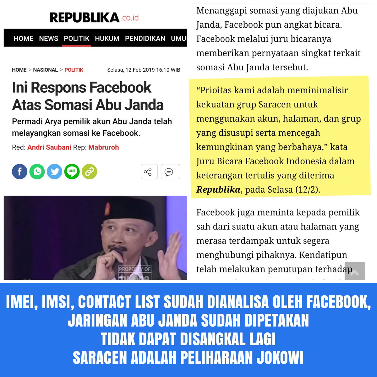 mpuanon's tweet photo. IMEI, IMSI, contact list sudah dianalisa oleh Facebook, jaringan Abu Janda sudah dipetakan.

Tidak dapat disangkal lagi, Saracen adalah peliharaan Jokowi. https://t.co/POUlP1fPCl