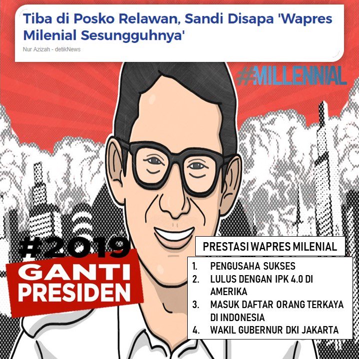 Saya tidak yakin kalian bisa menemukan lagi pemimpin yang muda dan berkarya seperti beliau. @sandiuno adalah wajah baru yang mewakili milenial Indonesia.
UNTUK INDONESIA YANG LEBIH ADIL MAKMUR!
#WapresMilenialAlumniPL #NTTCoblosPrabowoSandi #PrabowoMenyapaJateng