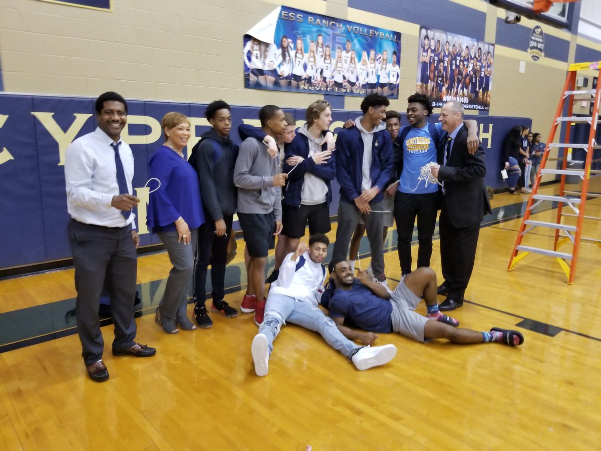 Seniors celebrating Co-District Championship.  Got the win over Tomball Memorial 77- 63. <a href="/ethan_j_mayes/">Ethan Mayes</a> 14 <a href="/DJohnson_0/">Delor Johnson</a> 15 and <a href="/BrandenBaller/">Branden Holt</a> with 11
 #mwt #WhyNotUs
