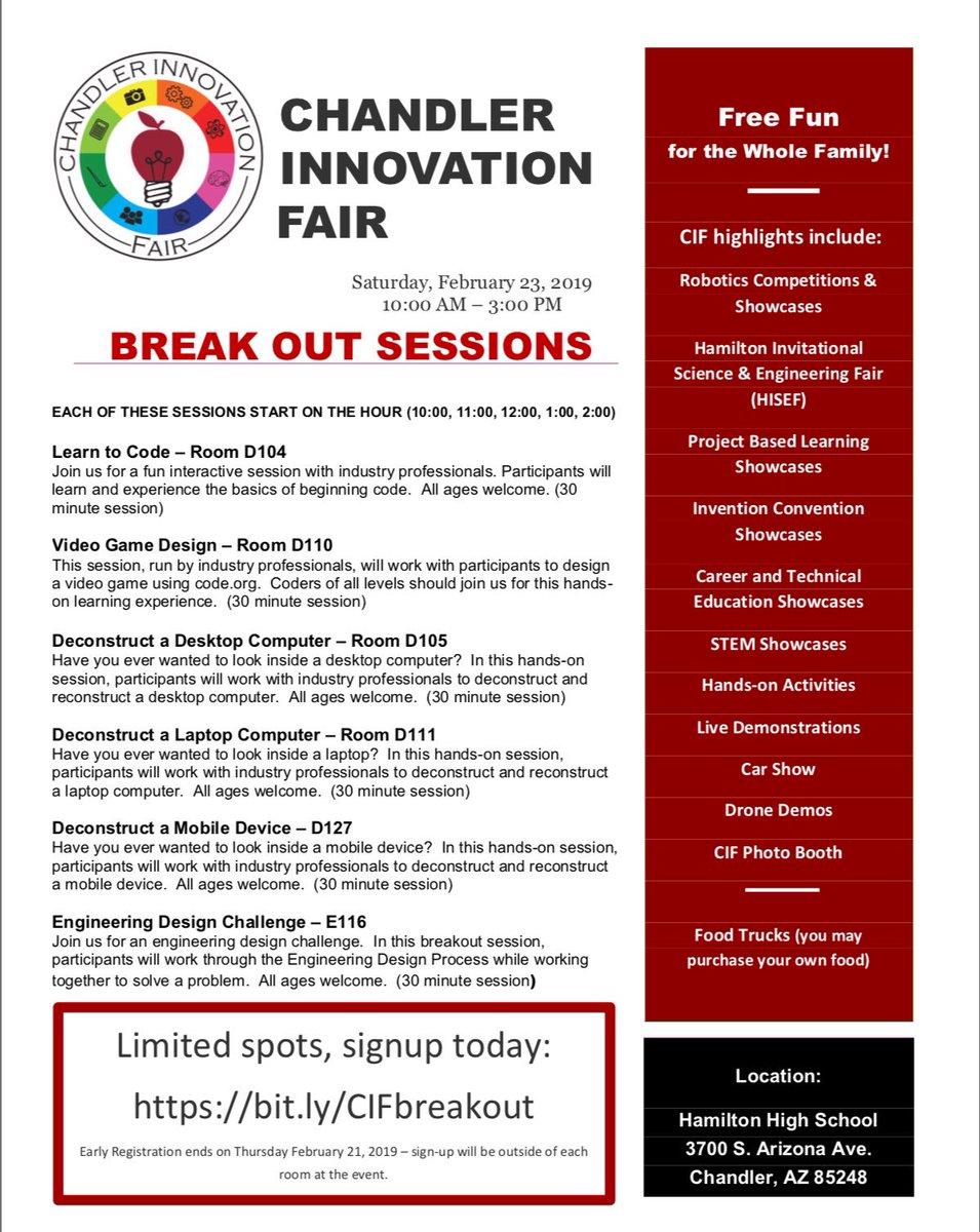 cusdSTEM's tweet image. The Chandler Innovation Fair is going to have hands-on learning opportunities for our attendees🤖 learn to code, computer deconstruction, engineering challenges, and more🙌🏽 reserve your spot now bit.ly/CIFbreakout #savethedate #feb23 @ChandlerUnified