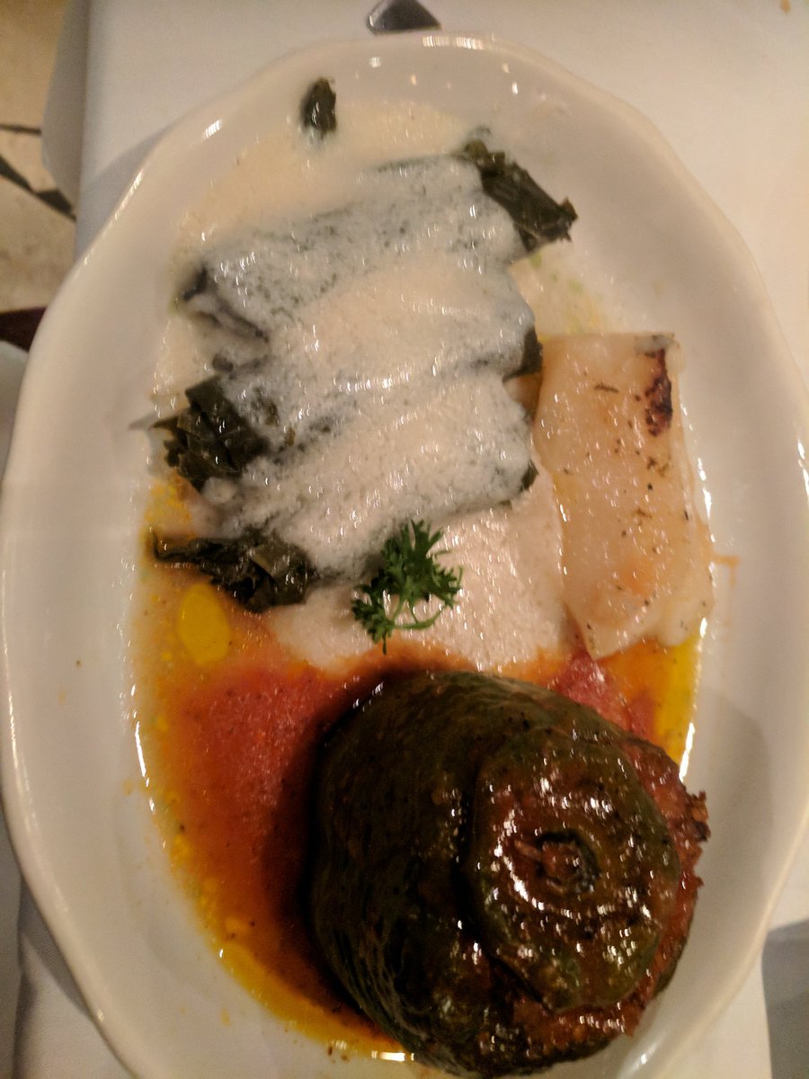 AmericanDinner's tweet photo. Dolmades, stuffed pepper, saganaki, beets, red wine https://t.co/yeTMoGnFWY
