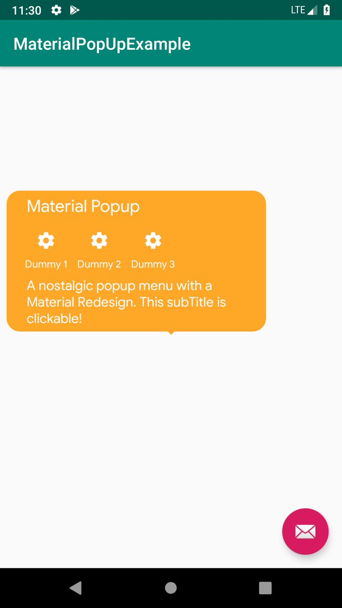 Rgocal's tweet image. Material Popup Library gets an update!
-Toggle-able Title
-Toggle-able SubTitle that's clickable
-Removed context from background colors so you have more control
I'll be updating the library soon.
github.com/rgocal/Materia…
#Android #AndroidLibrary #Github