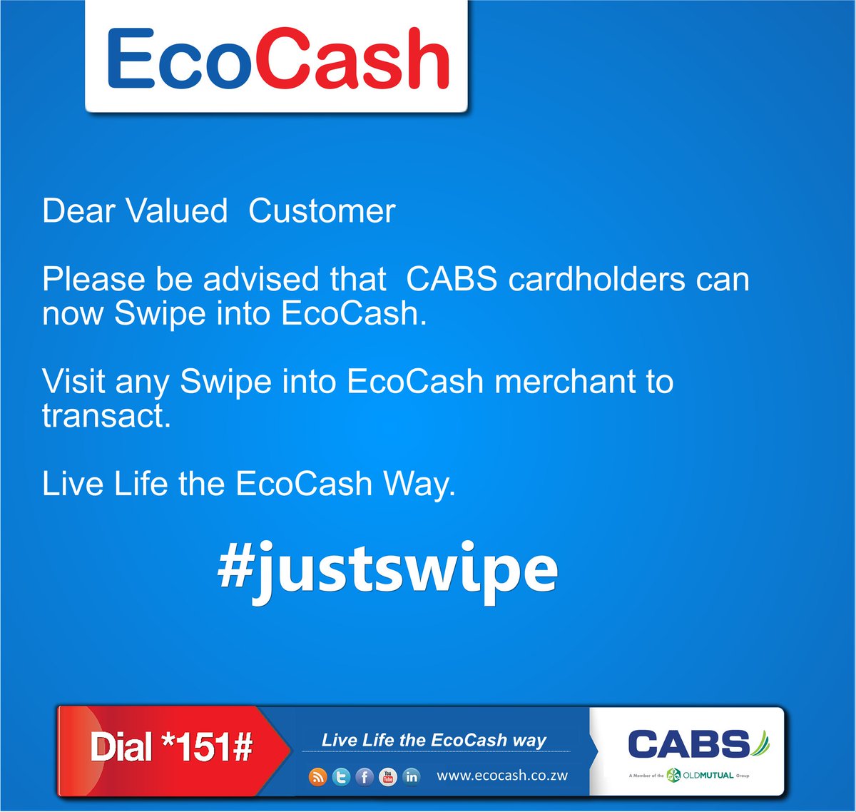 EcoCashZW's tweet photo. Good news to CABS Cardholders. Swipe into EcoCash is back. #justswipe https://t.co/Lo5iJWPMxd