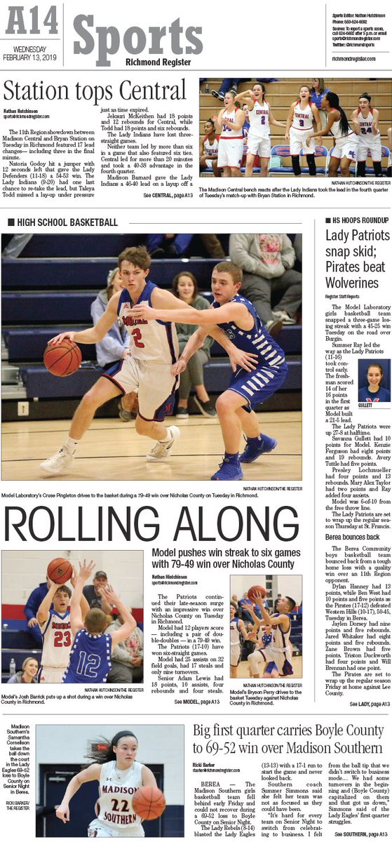 RichmondRsports's tweet image. The Richmond Register&apos;s Wednesday, Feb. 13, 2019 Sports Page 
@ModelBasketball @modelcoachwells @MCHSLadyHoops @MSHSLadyEagles @BballBerea