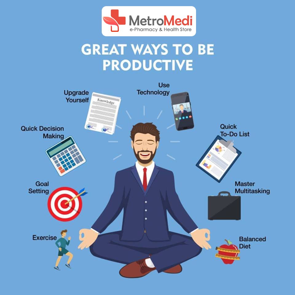 Productivity carves the pathway to success and how much you can do depends on your immunity and health. Here are 8 great ways to be productive. 
#tips #lifestylechanges #productivity #health #bethechange #onlinepharmacy #lifeispriceless