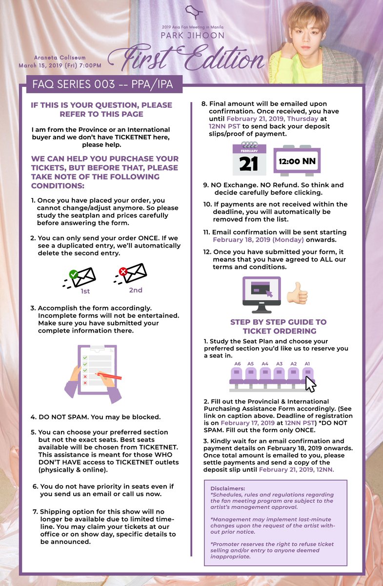 pulpliveworld's tweet photo. @AranetaCenter Here are the PPA/IPA FAQs for fans who cannot buy through TicketNet! #PARKJIHOONinManila https://t.co/VkL3vgTIO3