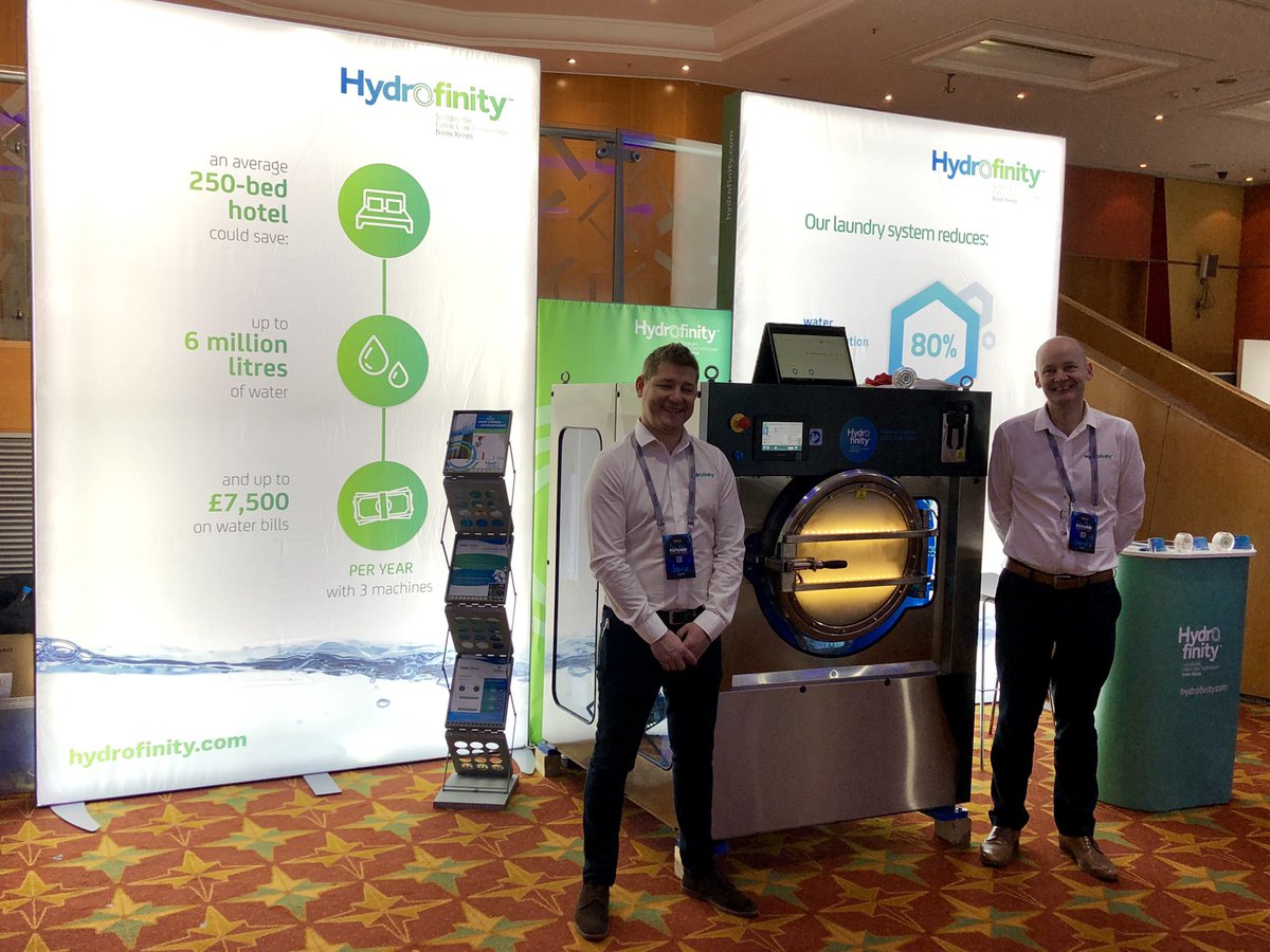hydrofinity's tweet photo. Two of our friendly team ready to rock at the Hilton EMEA Engineering Conference 2019 @eng_ops 

Engineers - come find our ‘eco bubble’ at the bottom of the stairs in the Monarch Suite. Just look for the biggest, brightest &amp; noisiest stand! #Sustainable #SaveWater #SaveMoney https://t.co/WOLknyCIBn