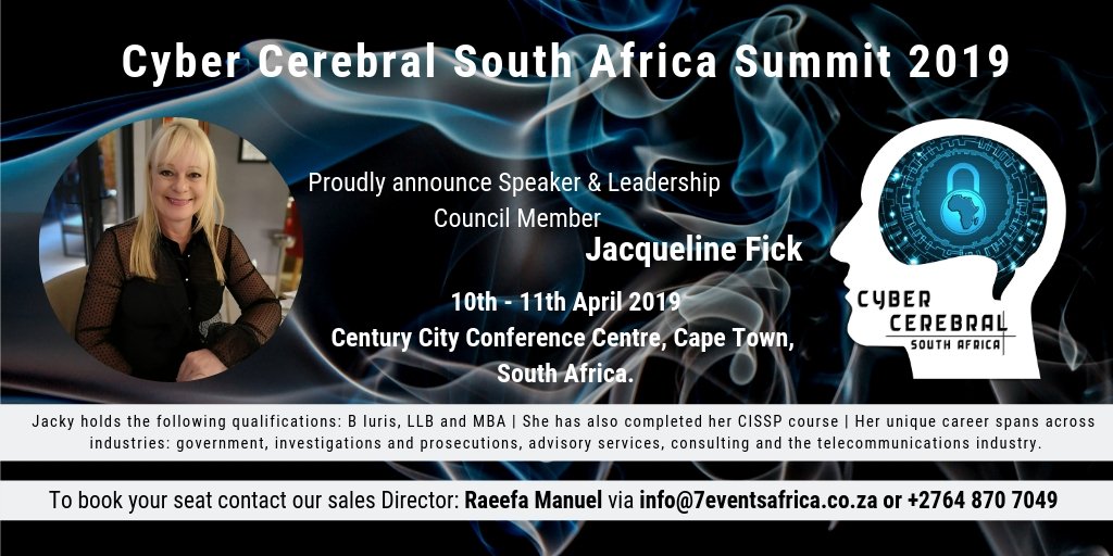 7eventsafrica's tweet photo. Adv, & Lifetime Achievement Award Nominee in Risk Reward Awards Hall of Fame @JacquelineFick joins CCSAS Speakers Panel & Leadership Council. Recognised for public & private sector advisory and now CCSAS, book your seat now. #CCSAS #7EA #7events #CyberSec https://t.co/QYBnmaSukt