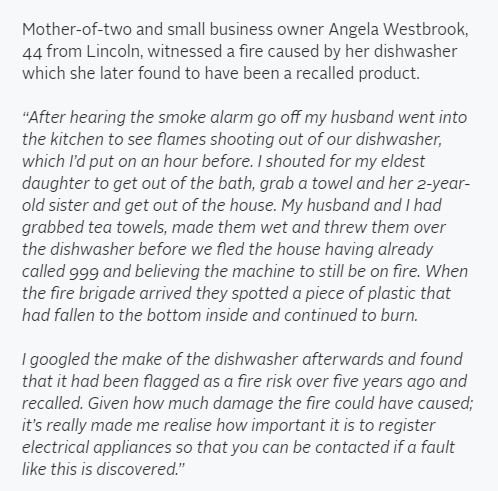 ElecSafetyFirst's tweet photo. Did you catch us on @VictoriaLIVE on @BBCTwo this morning? Here is more of Angela's story which really highlights the importance of registering your appliances and electrical products so manufacturers can contact you in the case of a fault or recall. 

https://t.co/FsRtl9PB4y https://t.co/PCqYVqoWzN