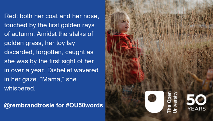 OpenUniversity's tweet photo. After much sifting, searching and assessing our 2nd place #OU50words prize goes to @rembrandtrosie🎉 

Below are the reasons Sally O'Reilly selected this lovely piece. Start biting your nails, because tomorrow we'll unveil the winner! 😬 https://t.co/ccy3G9lSr4
