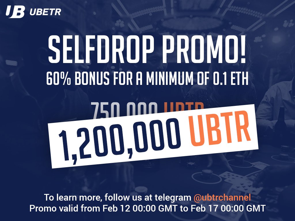 SELFDROP PROMO! 60% BONUS FOR .1 ETH

Join our limited selfdrop promo and enjoy 60% BONUS! To avail you must have .1 eth Minimum. 

Click the link: ubetr.com/selfdrop  

.1 ETH = 1,200,000 UBTR

Join our token giveaway:
 ubetr.com/giveaway
