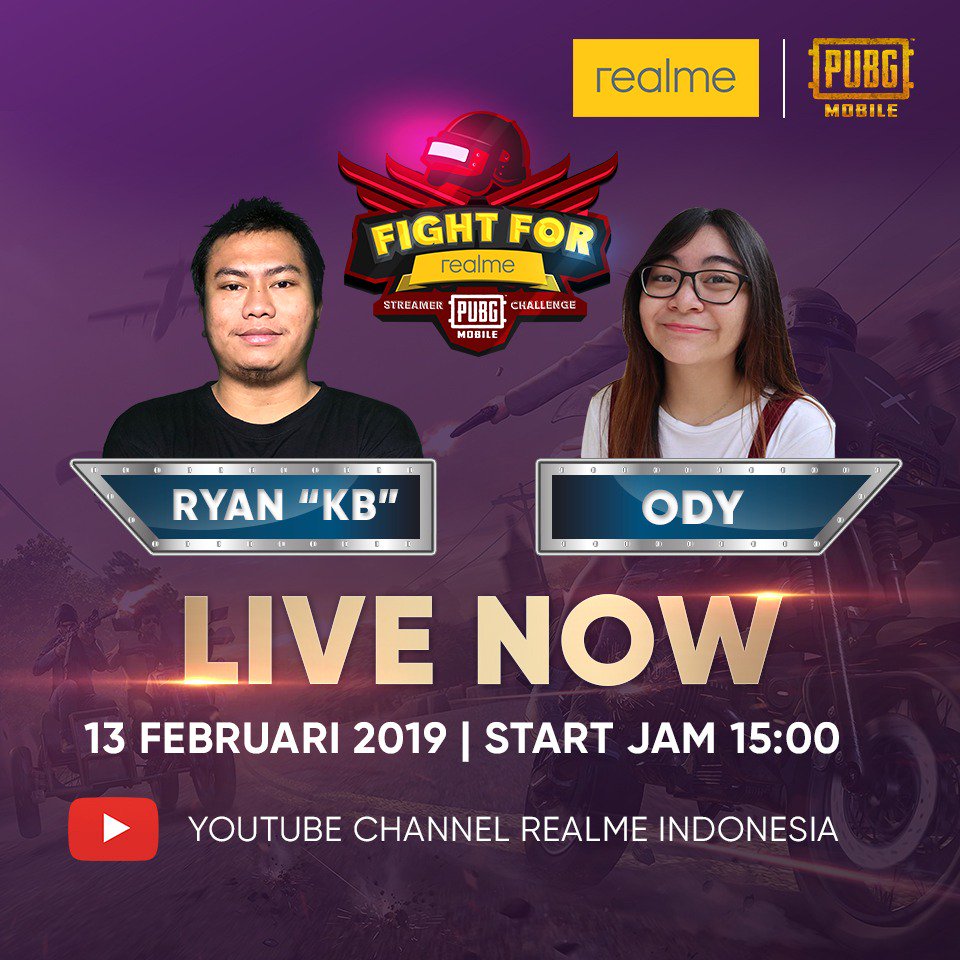 realmeindonesia's tweet photo. Guys! Ryan ""KB"" dan Ody LIVE NOW! Siapa ya yang bakal makan ayam hari ini? hayooo ^o^
.
Yuk nonton aksi mereka main PUBG Mobile pada:
π 13 Feb 2019
β° Start jam 15.00 WIB
π₯ Youtube Channel Realme: https://t.co/ShXSh10JxB
.
#StreamerChallenge #RealmePUBG #FightForRealme" https://t.co/9H0TyecZTS