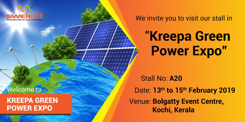 SwelectEnergy's tweet photo. Welcome to Kreepa Green Expo
Date: 13th to 15th February 2019
Venue: Bolgatty Event Centre, Kochi, Kerala
Stall No: A20
#KreepaGreenExpo #Swelect #KreepaGreenExpo2019 #KreepaGreenExpo #Expo #Kochi #SolarPowerwithSWELECT https://t.co/Pb3o1xGvvV