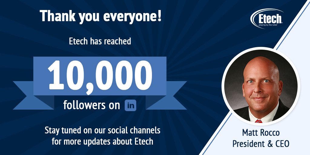 EtechGS's tweet photo. “We are happy to announce that we reached 10k followers on #LinkedIn. Etech wants to truly thank you for following us on social media and also for the support all these years. Stay tuned!” – Etech’s Matt Rocco (@MRoccoEtech), President &amp; CEO https://t.co/rTQ2SnWW3u
#10kfollowers https://t.co/RQFV6qqvd9