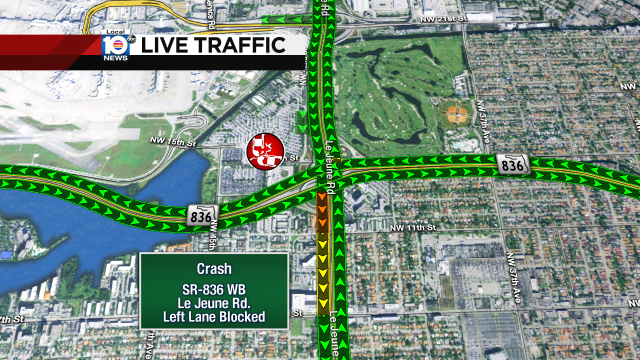 CRASH: SR-836 WB & Le Jeune Rd. A left lane is blocked. #TRAFFIC #CRASH https://t.co/3ipNs9WNui