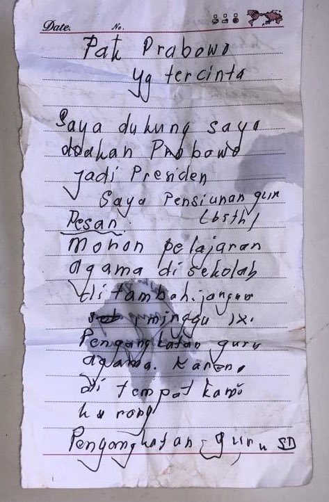 Pesan dari Ibu Suci, pensiunan guru di Purbalingga. Terima kasih atas pesannya, insya Allah kita akan berikan yang terbaik bagi seluruh rakyat Indonesia. #PrabowoMenyapaJateng