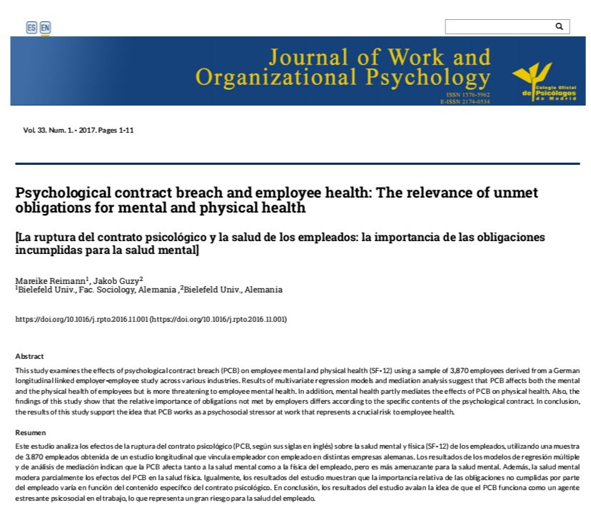 Jwopcopm's tweet photo. Psychological contract breach and employee health: The relevance of unmet obligations for mental and physical #Health by @unibielefeld in @Jwopcopm @CopMadrid
https://t.co/9FofpsihRx
#workt
#psychology #Employment
@PilarQuijada3 https://t.co/BnnGNY7nqj
