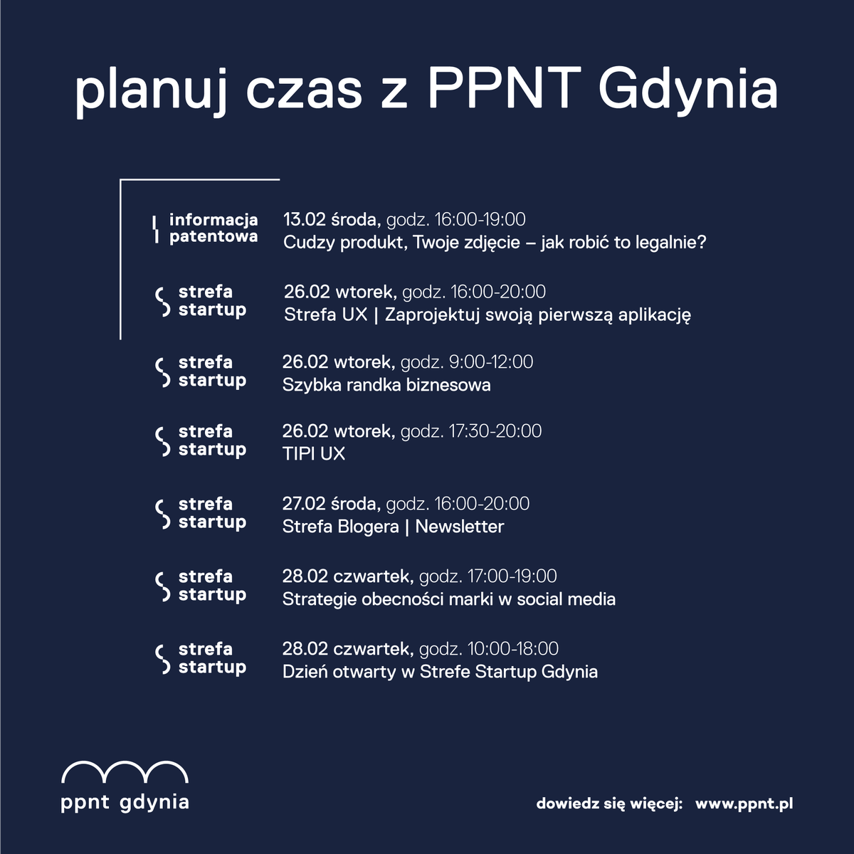 PPNT_Gdynia's tweet photo. Jak przygotować dobry newsletter? Jak stworzyć pierwszą aplikację? Jak legalnie używać cudzych zdjęć? Sprawdzajcie nasz kalendarz wydarzeń! #warsztaty #ppntgdynia #luty #strefastartup #rozkładjazdy https://t.co/9zvQhEdOSK