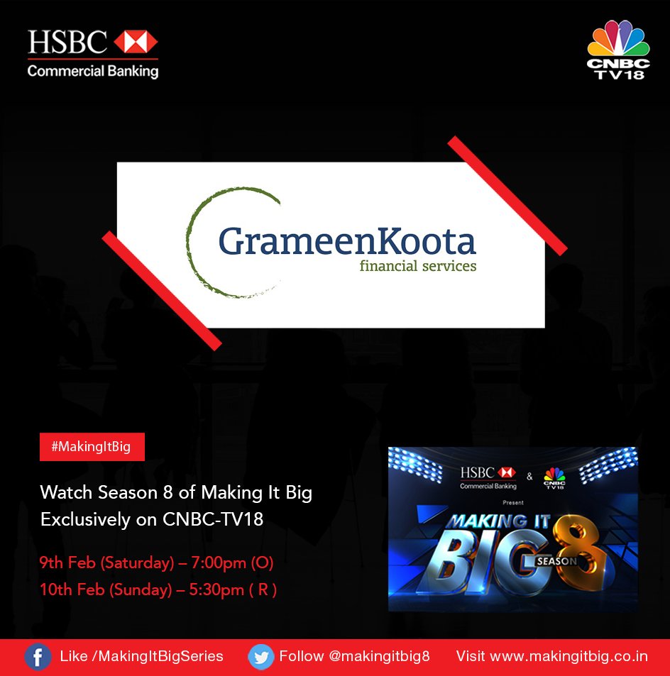 makingitbig8's tweet photo. Watch the story of a leading Indian micro-finance institution that focusses on providing micro-loans to women customers predominantly in Rural Areas.
Tune in to Season 8 of #MakingItBig presented by HSBC and CNBC-TV18 Saturday &amp; Sunday. Only on @CNBCTV18Live with  @abravi1 https://t.co/xcaWRhwMP6