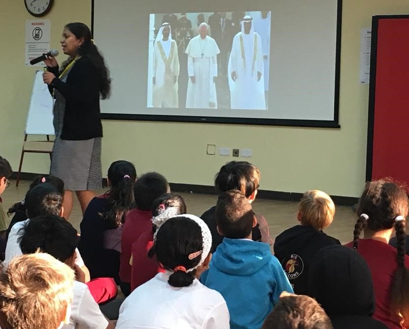 RaffISyear5's tweet photo. Assembly on the historic visit of the Pope in U.A.E. - advocating interfaith, peace, tolerance and coexistence. @RafflesIntlSch #RafflesISparents #RafflesISprimary @KHDA https://t.co/qSwjboxYIV