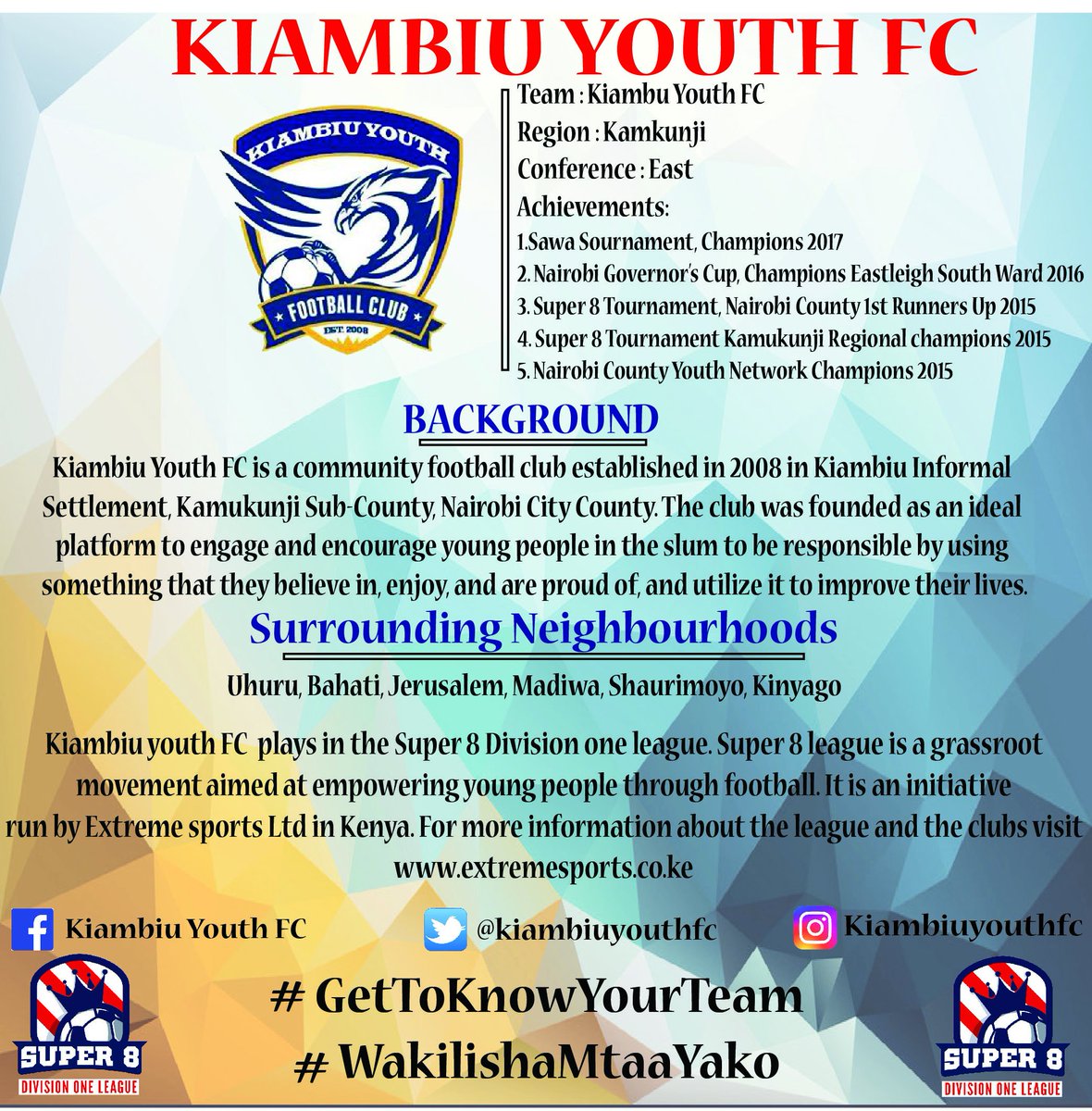 super8kenya's tweet photo. How well do you know your team?
@kiambiuyouthfc is a professional football club from Kamukunji that plays in the Super 8 Division One.
After surviving the chop in 2018, @kiambiuyouthfc is ready to bounce back and fight for promotion.
#GetToKnowYourTeam
#WakilishaMtaaYako https://t.co/gGVuwkGI1P