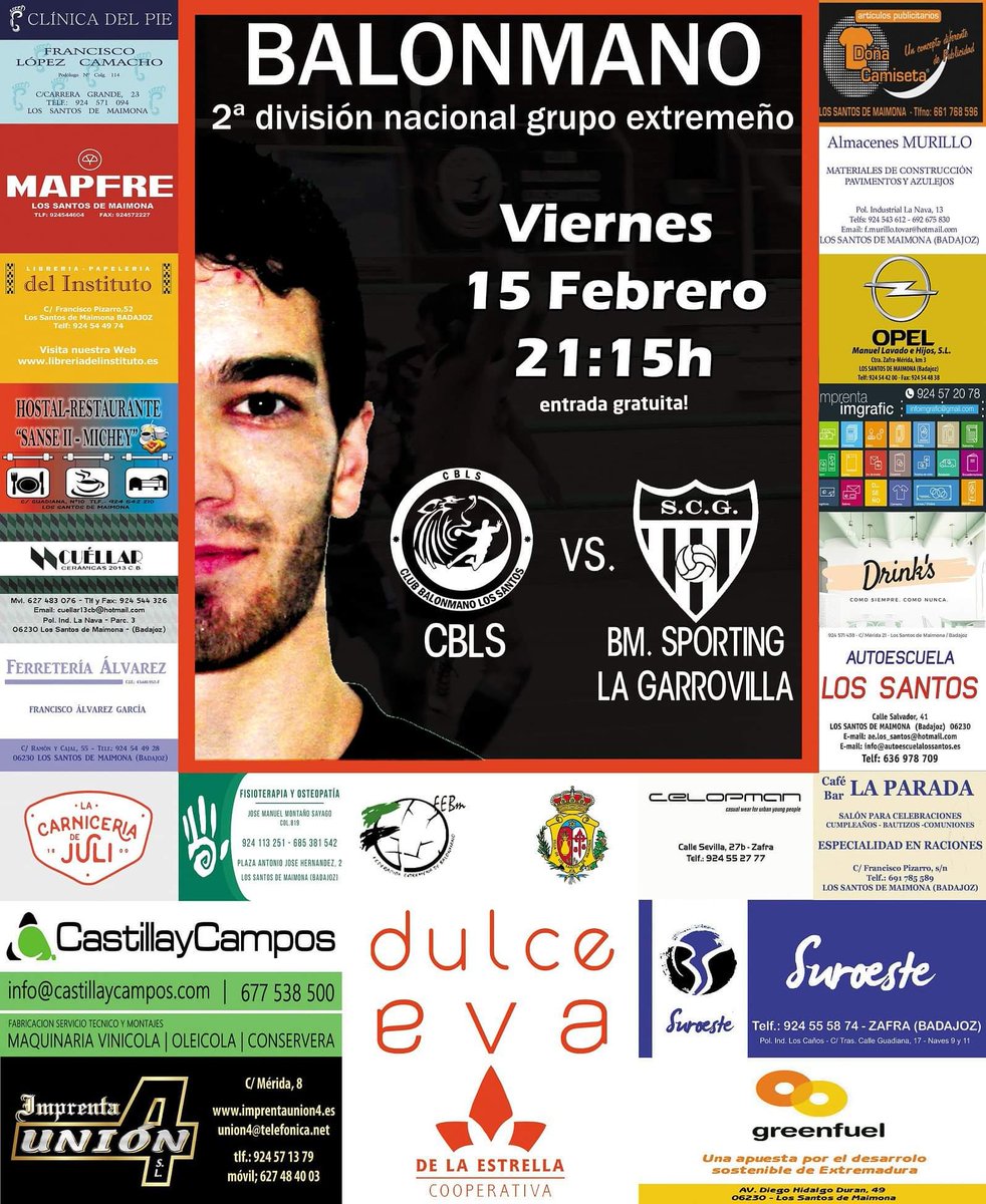 #SegundaNacional #Handball #lossantosdemaimona
#animaatuequipo
<a href="/fexbm/">Federación Extremeña de Balonmano</a>
🏆 Liga. Jornada 15. 2ª División Nacional
📌 Categoría Sénior Masculino
🗓️ Domingo 15/02/2019
⏱️ 21:15 h.
🏐 CBLS 🆚 @BMsporting
🏟 Pabellón Antonio Martínez.