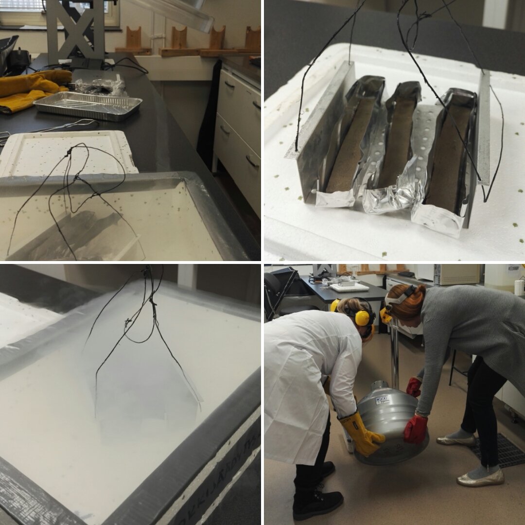 MiraTammelin's tweet photo. Varved #lake #sediments taking a bath in liquid nitrogen. Sarianna Salminen @sarsalm1 preparing samples from lake #vesijärvi @UniTurku #geohouse https://t.co/pql5nOH2Wd