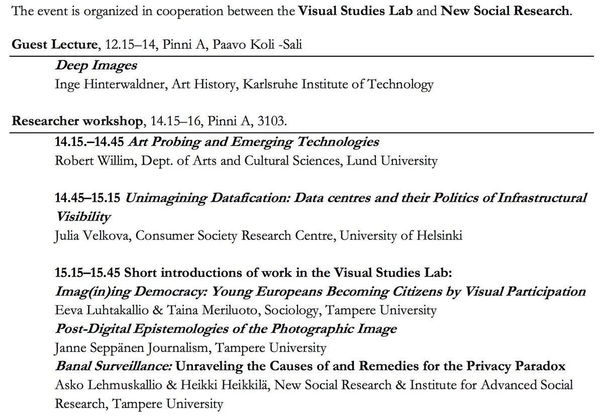 NSRTampereUni's tweet image. Prof. Inge Hinterwaldner discusses how recording and programming are entwined in digital photography in NSR Guest Lecture on Digital Visualities, followed by a #VisualStudiesLab seminar with @RobertWillim Julia Velkova @EevaLuhtakallio Jenni Mäenpää @sepukka @heikkilah @verlook