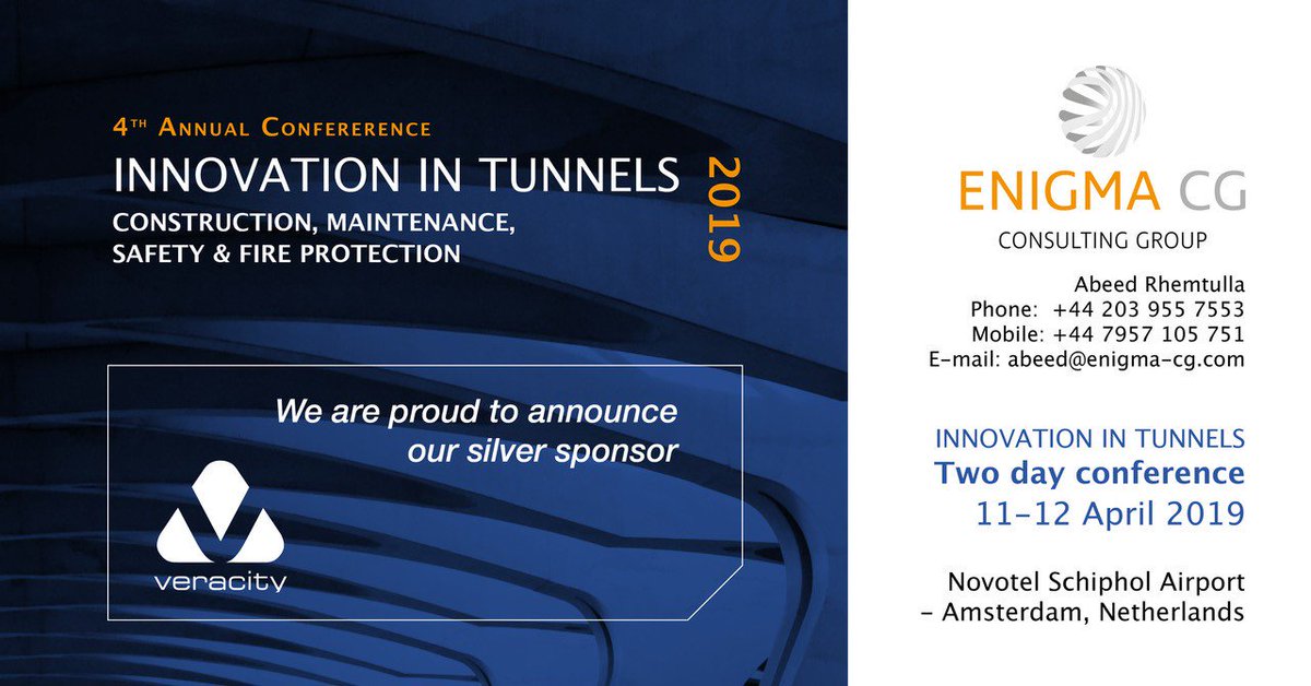 We are proud to announce that Veracity, a global technology company is joining us at the 4th Annual Conference on Tunnel in Amsterdam as our silver sponsor. Register now to preetika@enigma-cg.com or visit our website at tunnelsconference.com if you want to join as our sponsor.