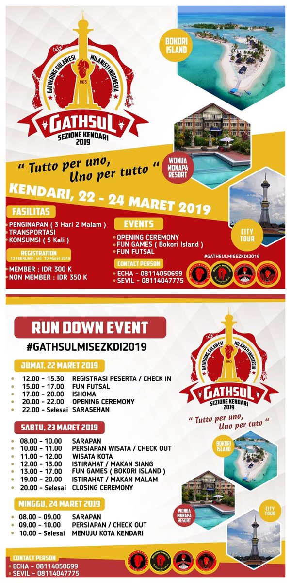 Yukkkss Ramaikan
Event Gathering Celebes Milanisti Indonesia Ke-5 yang akan dilaksanakan :

Tempat: Kendari - Sultra 
Tanggal : 22 - 24 Maret 2019 
Cc <a href="/MilanistiOrId/">Milanisti Indonesia</a> <a href="/MIsezManado/">Milanisti Manado</a> <a href="/MIsezPalu/">MIsezPalu</a> <a href="/MIsezMKS/">MI Sezione Makassar</a> <a href="/MIsezBolMong/">MI BolmongRaya</a> <a href="/MIsezGorontalo/">MIsezGorontalo</a> <a href="/MIsParepare/">MI Sezione Parepare</a> <a href="/MIsM_BasisBone/">MrXXX</a> <a href="/MI_BasisButon/">MI097SezioneBauBau</a>