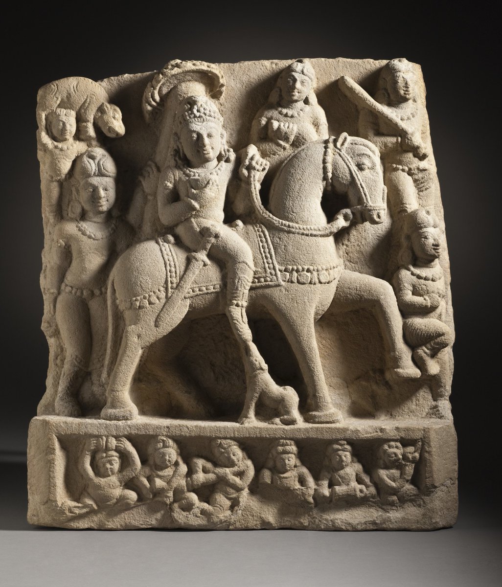 A 1300 yr old murthi of Revanta, son of Lord Surya. He is seen here riding a horse accompanied by attendants known as Guhyakas, whose chief he is. Notice he is wearing long boots. One of the guhyaka is also carrying a boar on his shoulder. Stolen  @lacma  https://collections.lacma.org/node/240381 