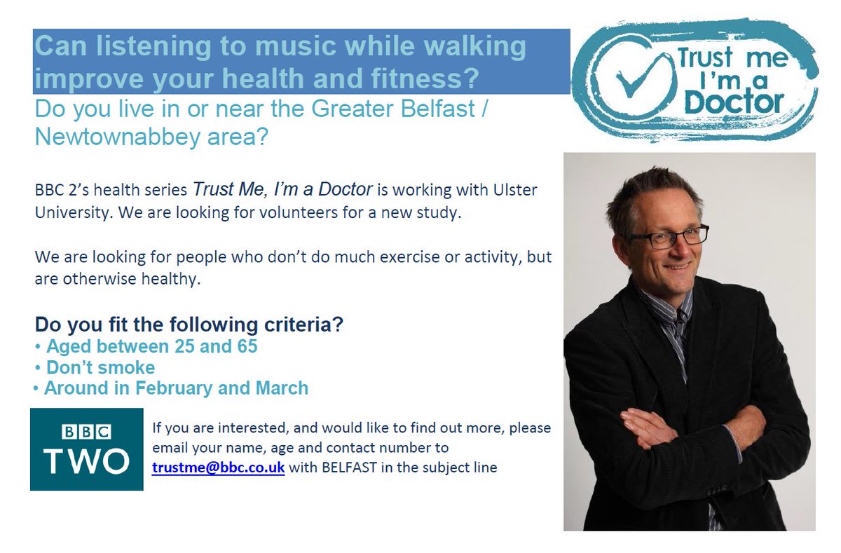 Samantha Whann (@samanthawhann) on Twitter photo Calling all <a href="/BelfastTrust/">Belfast Trust</a> staff ! Volunteer & take part in new study with <a href="/BBCTrustMe/">Trust Me I'm aDoctor</a> Can listening to music while walking improve your fitness? #bwell Calling all <a href="/BelfastTrust/">Belfast Trust</a> staff ! Volunteer & take part in new study with <a href="/BBCTrustMe/">Trust Me I'm aDoctor</a> Can listening to music while walking improve your fitness? #bwell