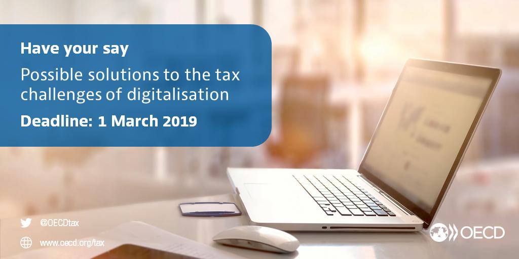 📣OECD invites public input on the possible solutions to the #tax challenges of digitalisation  👉bit.ly/2TM7mYH 

⏳Deadline for comments: 1 March 
🗓️Public consultation meeting: 13-14 March

#OECDhaveyoursay #digitaltax