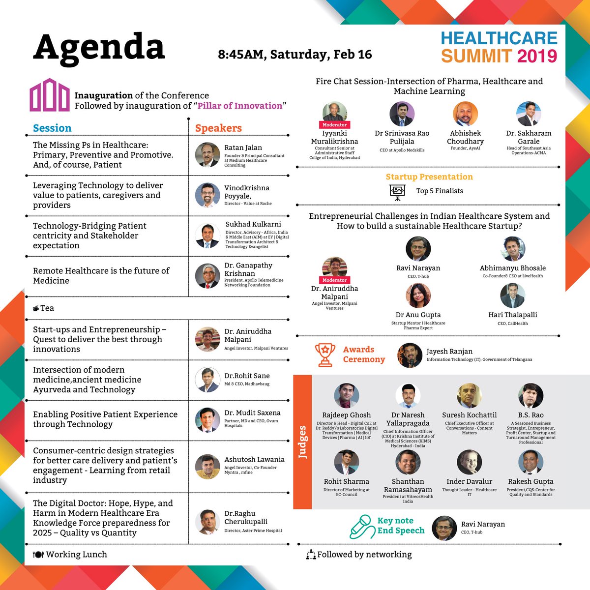 Agenda: Healthcare Summit 2019
Visit bit.ly/2BuQwXl & reg now.
Our speakers & judges from @Roche @EYnews @ApolloTeleMed @THubHyd @HyderabadAngels @asterprime @OVUMHospitals @mfinecare @livehealth_ @Madhavbaug_org @CallHealthIndia @The_ACMA @apollomedskills @CtrlSDC