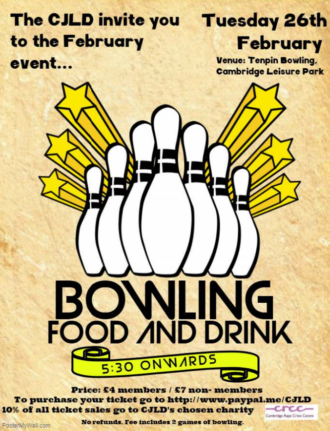 CambsJLD's tweet photo. You are invited to our February event - bowling! Join us at Tenpin Bowling, Cambridge Leisure Park for 2 games of bowling, food and drink. See below for details on how to purchase a ticket. See you there! #bowling #lawlife #cjld #law @CambsJLD https://t.co/CQyQ46ccDf
