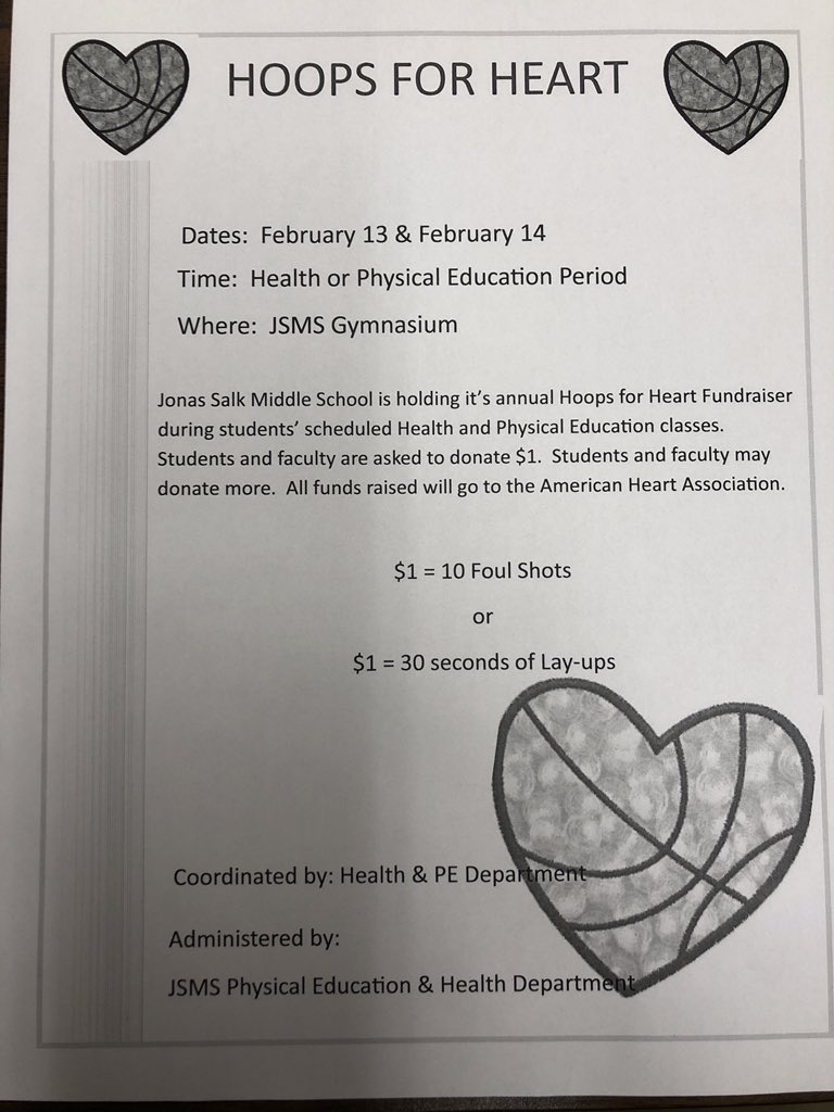 Salk Students: Help support the American Heart Association tomorrow, Feb 14th, by bringing in $1 for our Hoops For Heart fundraiser!! #SalkStrong 💜 <a href="/OB_JSMS_Rezes/">William Rezes</a> <a href="/OB_VP_Lynch/">Mr. Lynch</a>