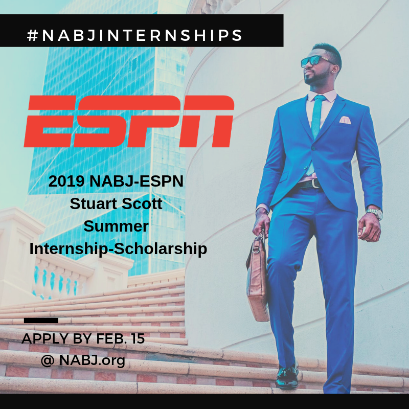 NABJ's tweet photo. 🗣️ 2/15 Deadline fast approaching: @ESPN and #NABJ are offering a summer internship in memory of #StuartScott. Interested students apply online at https://t.co/mhDaFbD5ER. Students may earn a $3,500 stipend on behalf of #ESPN &amp; the #NABJSportsTaskForce. #NABJInternships https://t.co/EYRpAoPXib
