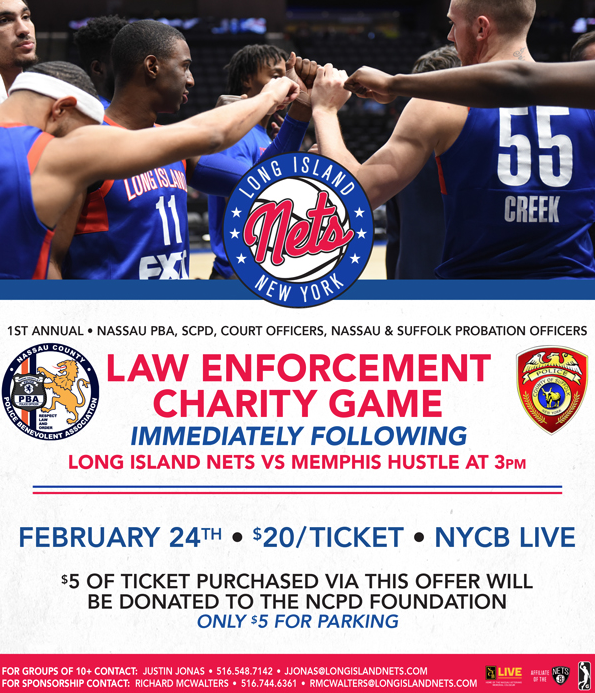 nassaucountypba's tweet photo. Cheer on the @nassaucountypba in the 1st Annual Law Enforcement Charity Game! $5 of every ticket purchased using this offer will be donated to the #NCPDFoundation!
For Tickets Visit: https://t.co/Q5SHib0icV
#NYCBLive @LongIslandNets #NassauPD #SuffolkPD #Probation #CourtOfficers https://t.co/hV7n9IDZoi