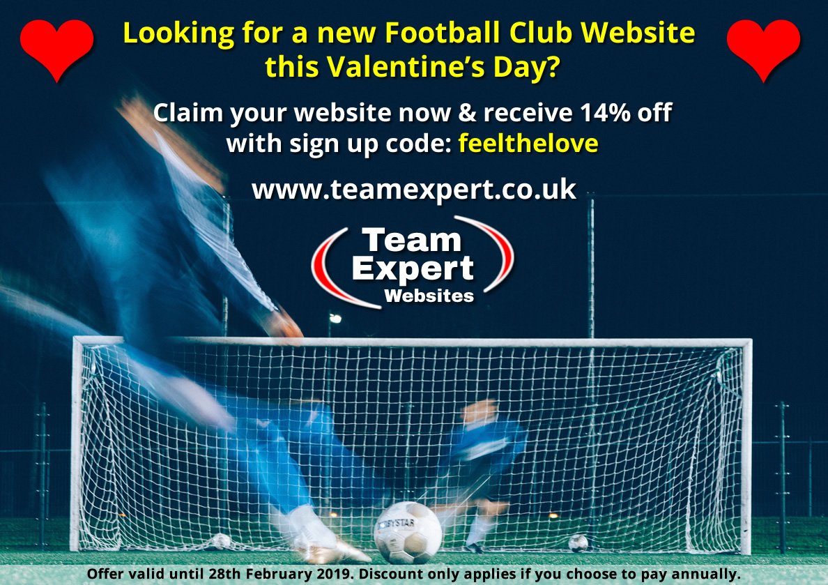 Looking for a new Football Club Website this Valentine's Day following the closure of #clubwebsite? Sign up for a TeamExpert Website & get 14% off the annual cost with sign up code 'feelthelove': teamexpert.co.uk  
Unlimited teams & great support! #ValentinesOffer