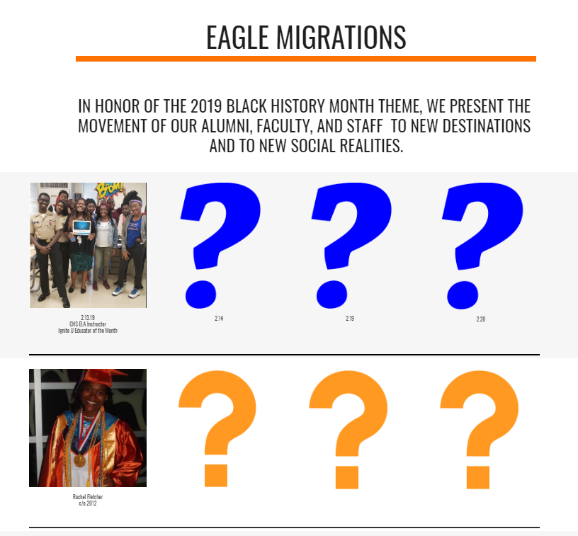 CHSEaglesDekalb's tweet photo. "Eagle Migrations" Day 9 #BlackHistoryMonth @DeKalbSchools @RScott_DCSD @DeKalbSchoolsIT @angieITSbytes @ITSDJohnsonDCSD @CRNews_DeKalb @DeKalbNewsNow #MsFletcher c/o 2012 #OneTeamOneDream #ColumbiaWorks - Who will be featured Thursday? https://t.co/pkgqrNZSC3 https://t.co/uHWuAFyYJC