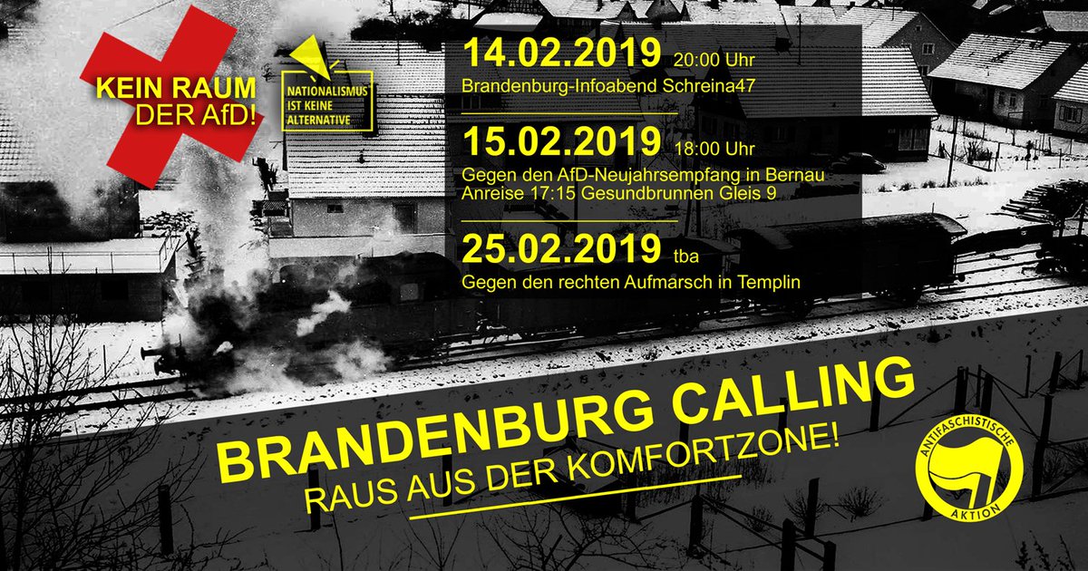 noafdberlin's tweet image. BRANDENBURG CALLING!

Gegen den #AfD-Neujahrsempfang am 15.02.2019 in #Bernau!
Gemeinsamen Anreise: 17:15 Uhr Bhf Gesundbrunnen Gleis 9

Aufruf und Infos findet ihr unter:
keinraumderafd.blogsport.eu/2019/02/13/bra…

#Brandenburg #b1502 #NoAfD #NoAfD_b #Antifa #Berlin #KeinRaum #Nika