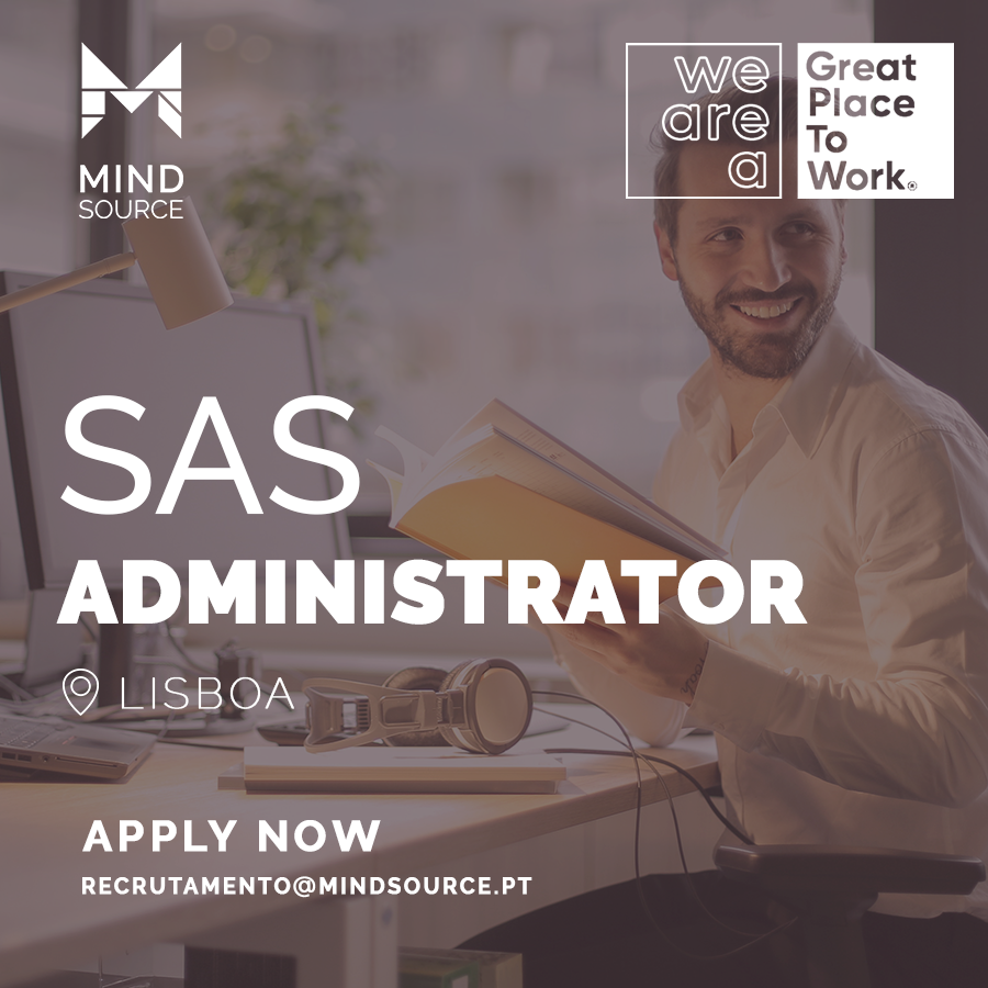 MINDSOURCEteam's tweet photo. Join our Team
We are looking for a SAS Administrator
https://t.co/zNXJAirmqR
Location: Lisbon

Apply now: recrutamento@mindsource.pt

#mindsource #greatplacetowork #sas #sasadministrator #analytics #businessanalytics #careers #recruitment https://t.co/mFKJWWIAIi